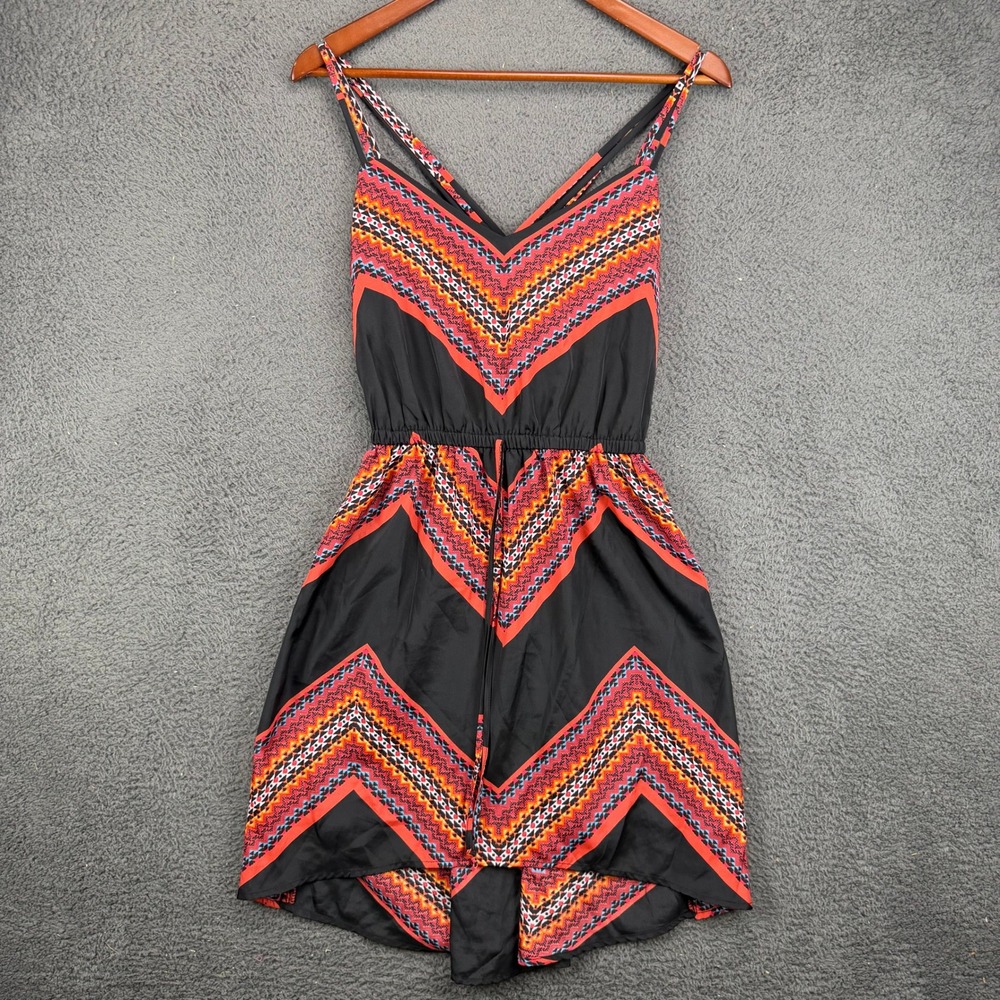 Vanity Womens Medium Black Orange Geometric Chevron High Low Strappy Sundress